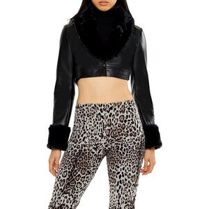 Women's Faux Leather & Fur Cropped Jacket Long Sleeves Black Faux Fur Cuffs